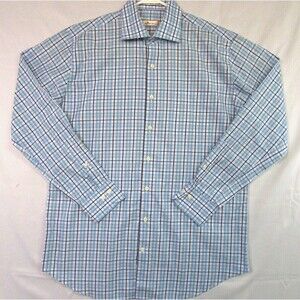 Peter Millar Men's Button Down Long Sleeve Blue Plaid Cotton Large Dress Shirt